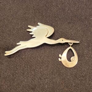 Sterling Silver Stork With Baby Brooch